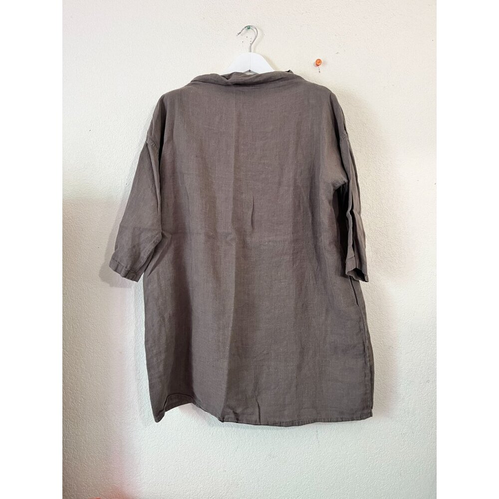 Linenbee Womens Loose Fit 3/4 Sleeve Brown European Linen Tunic Top High Neck
